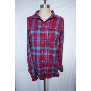 Eddie Bauer Women's Long Sleeve Button Down Red blue Plaid Shirt/Pockets Medium